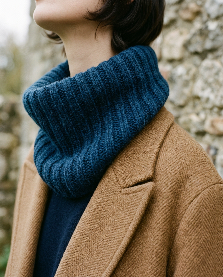 Image générée : gros plan d’un col en maille bleu mer porté sur un manteau camel