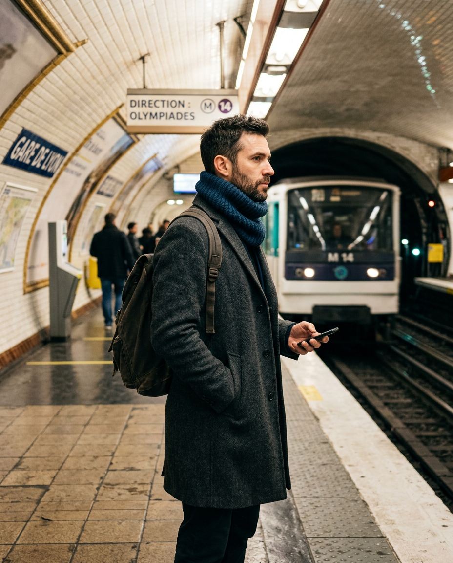 Image générée : un homme qui attend sur un quai de métro, un col bleu mer sous son manteau gris