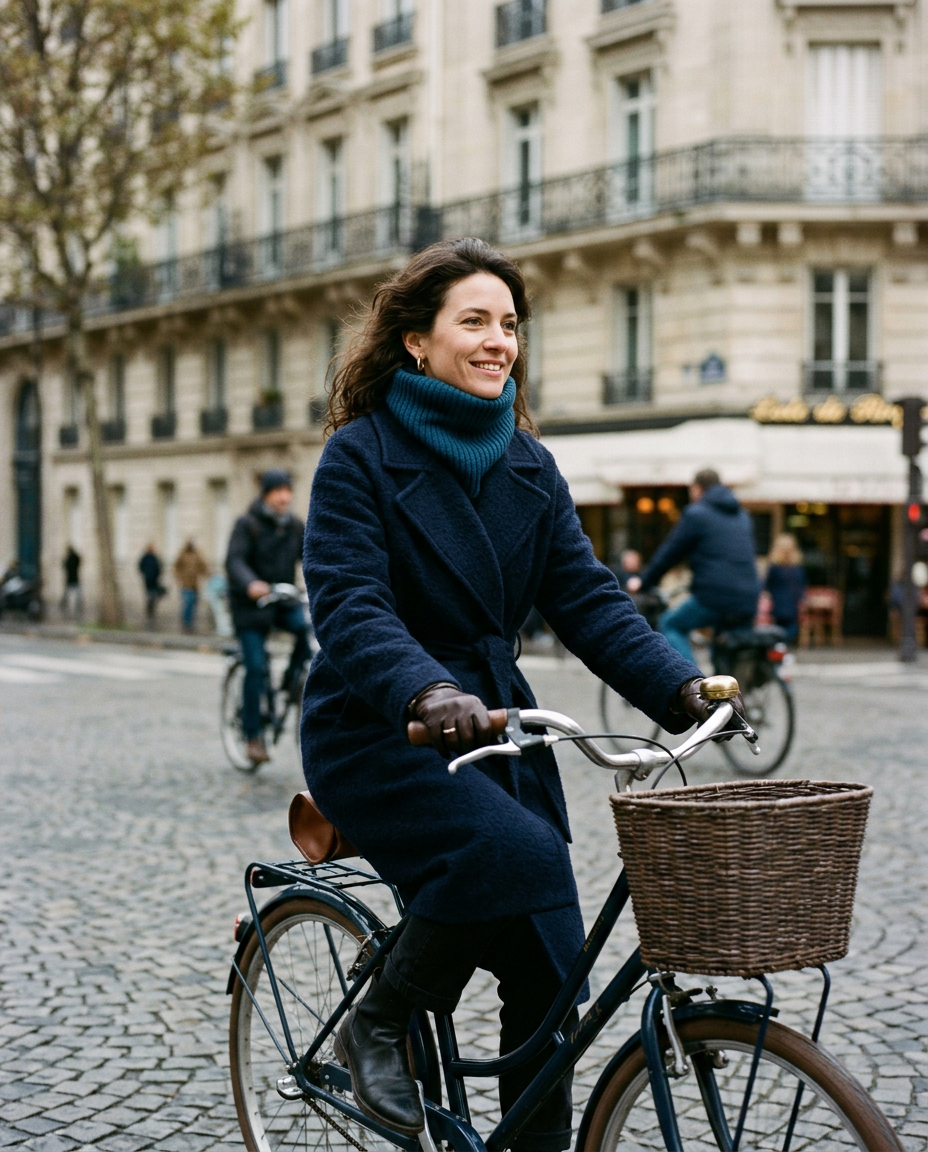 Image générée : une femme à vélo dans une rue de Paris, un col bleu mer sous le manteau