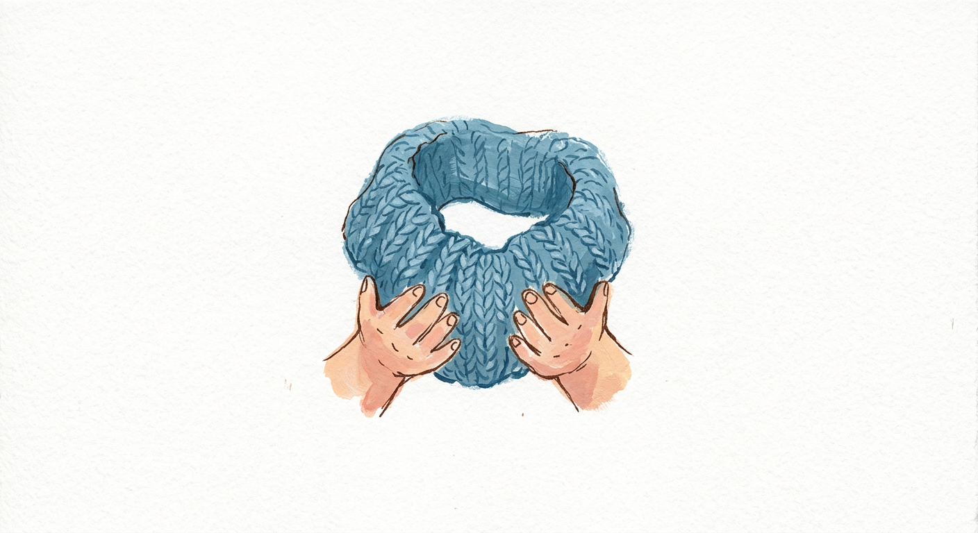 Dessin à la gouache de deux mains tenant un col en maille bleu mer